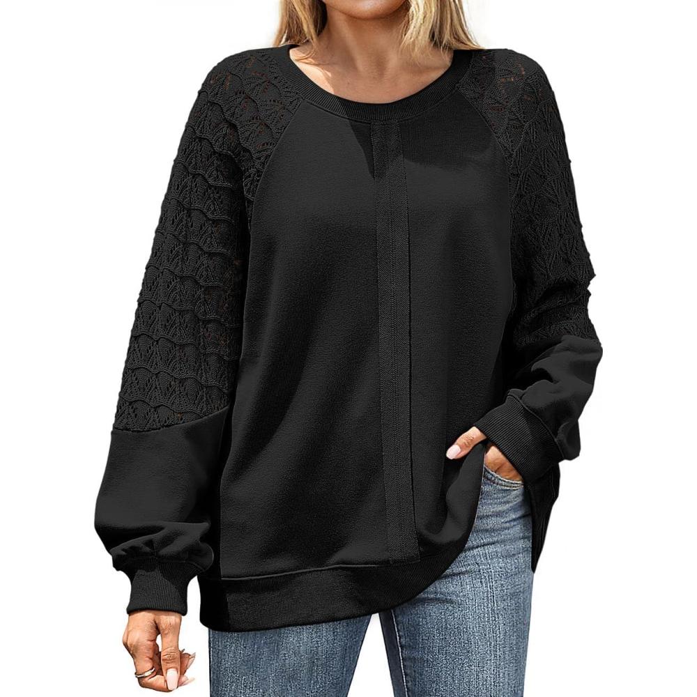 image:imageUEU Women Oversized Crochet Sleeve Sweatshirt Casual Loose Pullover Long Sleeve Lightweight Knit TopBlack
