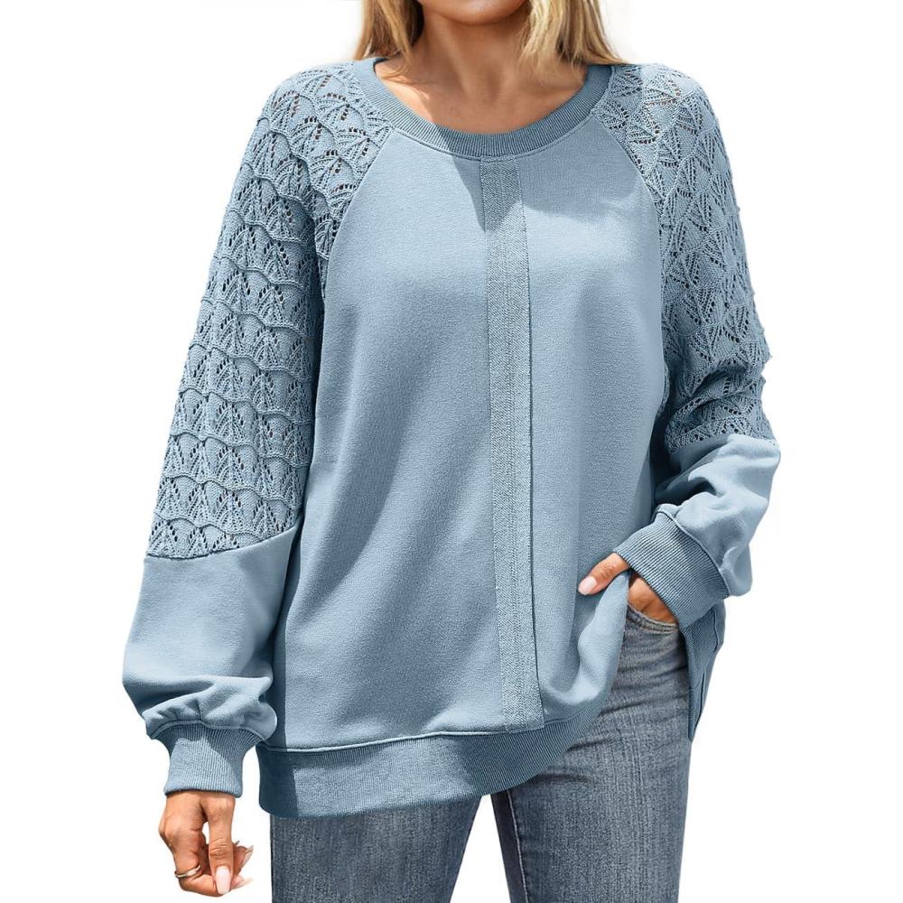 image:imageUEU Women Oversized Crochet Sleeve Sweatshirt Casual Loose Pullover Long Sleeve Lightweight Knit TopLightgray Blue