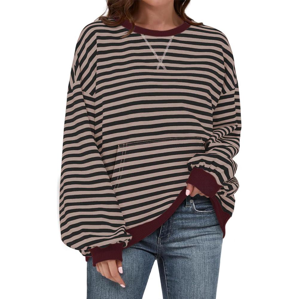 image:imageUEU Women Oversized Striped Crewneck Sweatshirt Long Sleeve Color Block Pullover Tops Casual Loose Workout ClothesBlackcoffee Striped
