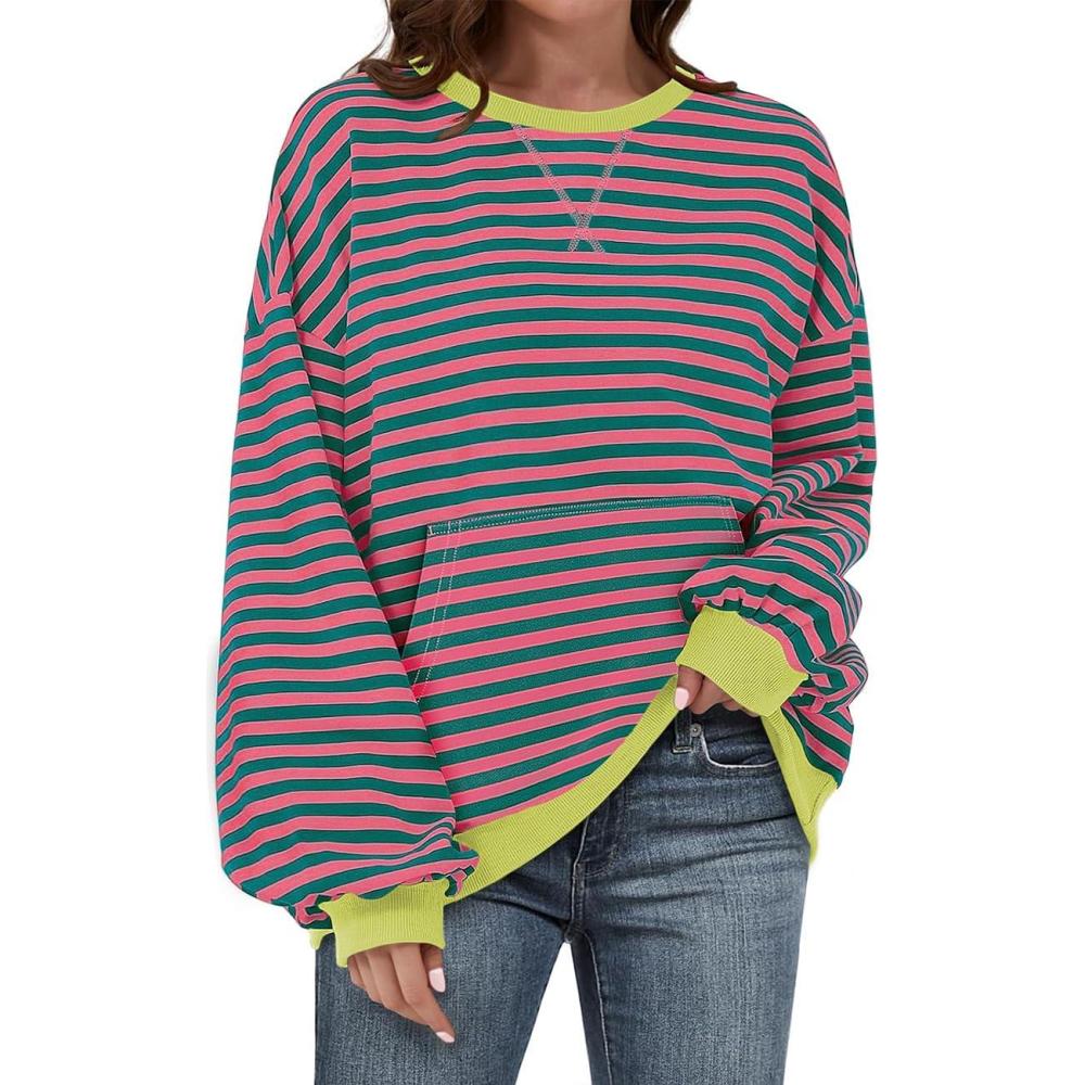 image:imageUEU Women Oversized Striped Crewneck Sweatshirt Long Sleeve Color Block Pullover Tops Casual Loose Workout ClothesPinkgreen Striped