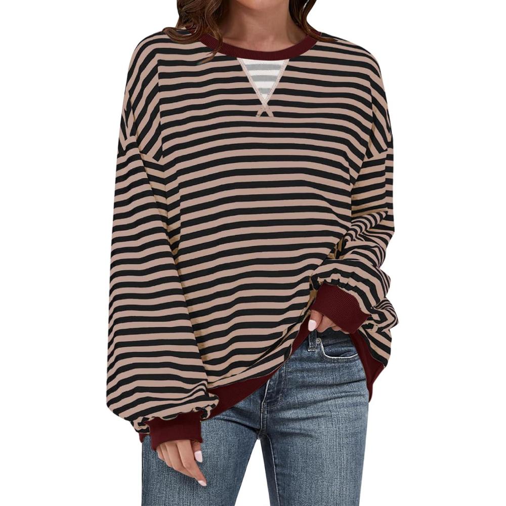 image:imageUEU Women Oversized Striped Crewneck Sweatshirt Long Sleeve Color Block Pullover Tops Casual Loose Workout ShirtBlack Coffee Striped