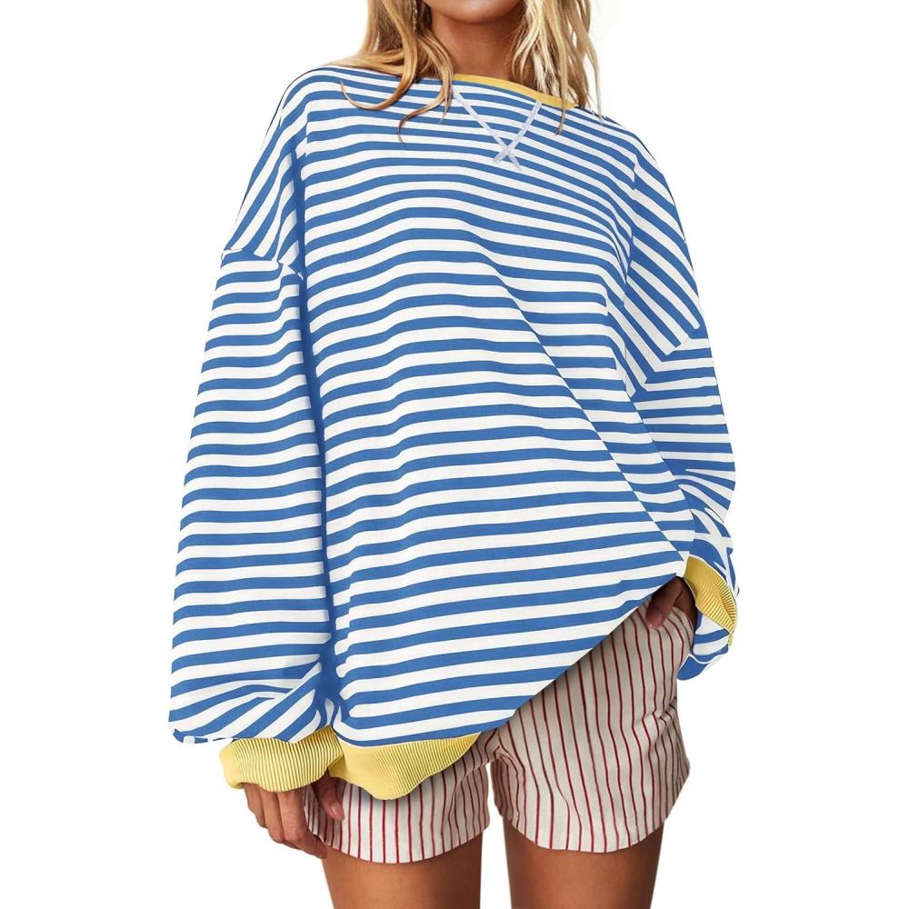 image:imageUEU Women Oversized Striped Crewneck Sweatshirt Long Sleeve Color Block Pullover Tops Casual Loose Workout ShirtBlue Stripe