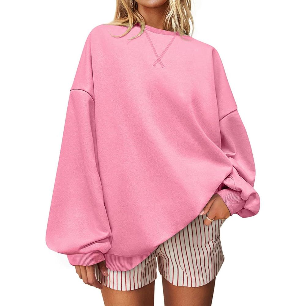 image:imageUEU Women Oversized Striped Crewneck Sweatshirt Long Sleeve Color Block Pullover Tops Casual Loose Workout ShirtBright Pink
