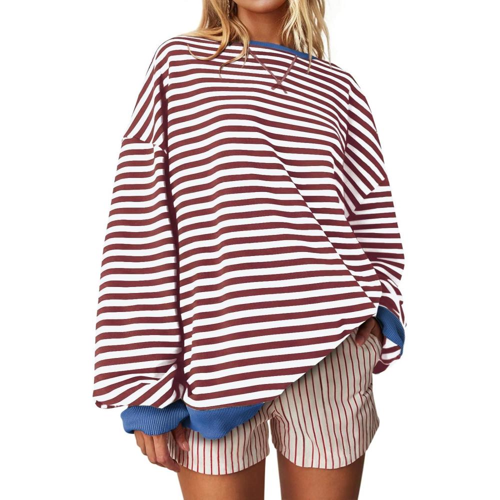 image:imageUEU Women Oversized Striped Crewneck Sweatshirt Long Sleeve Color Block Pullover Tops Casual Loose Workout ShirtCoffee Stripe