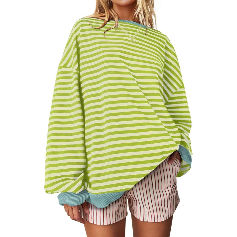 image:imageUEU Women Oversized Striped Crewneck Sweatshirt Long Sleeve Color Block Pullover Tops Casual Loose Workout ShirtGreen Apricot Stripe