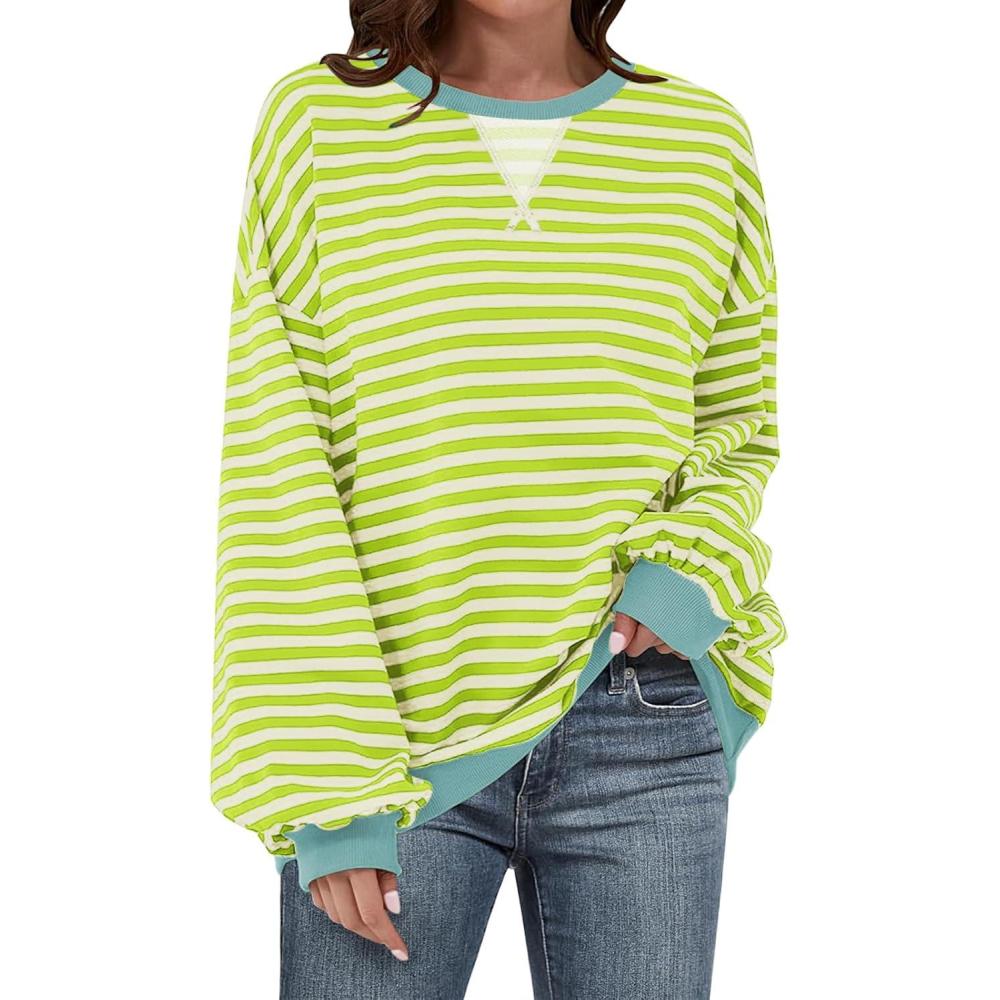 image:imageUEU Women Oversized Striped Crewneck Sweatshirt Long Sleeve Color Block Pullover Tops Casual Loose Workout ShirtGreen Apricot Striped