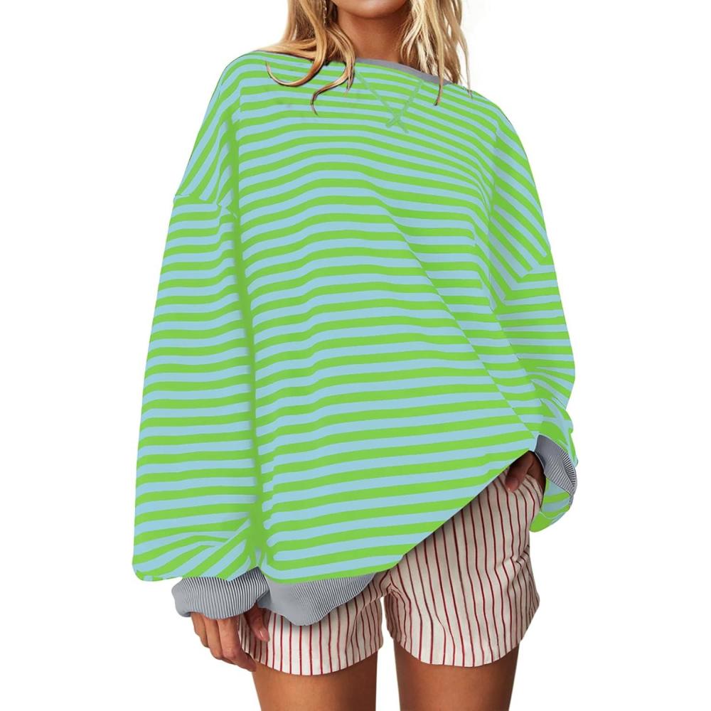 image:imageUEU Women Oversized Striped Crewneck Sweatshirt Long Sleeve Color Block Pullover Tops Casual Loose Workout ShirtGreen Blue Striped