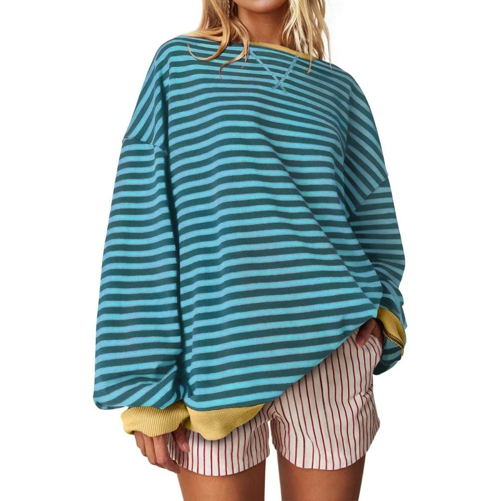 image:imageUEU Women Oversized Striped Crewneck Sweatshirt Long Sleeve Color Block Pullover Tops Casual Loose Workout ShirtLakeblue Striped