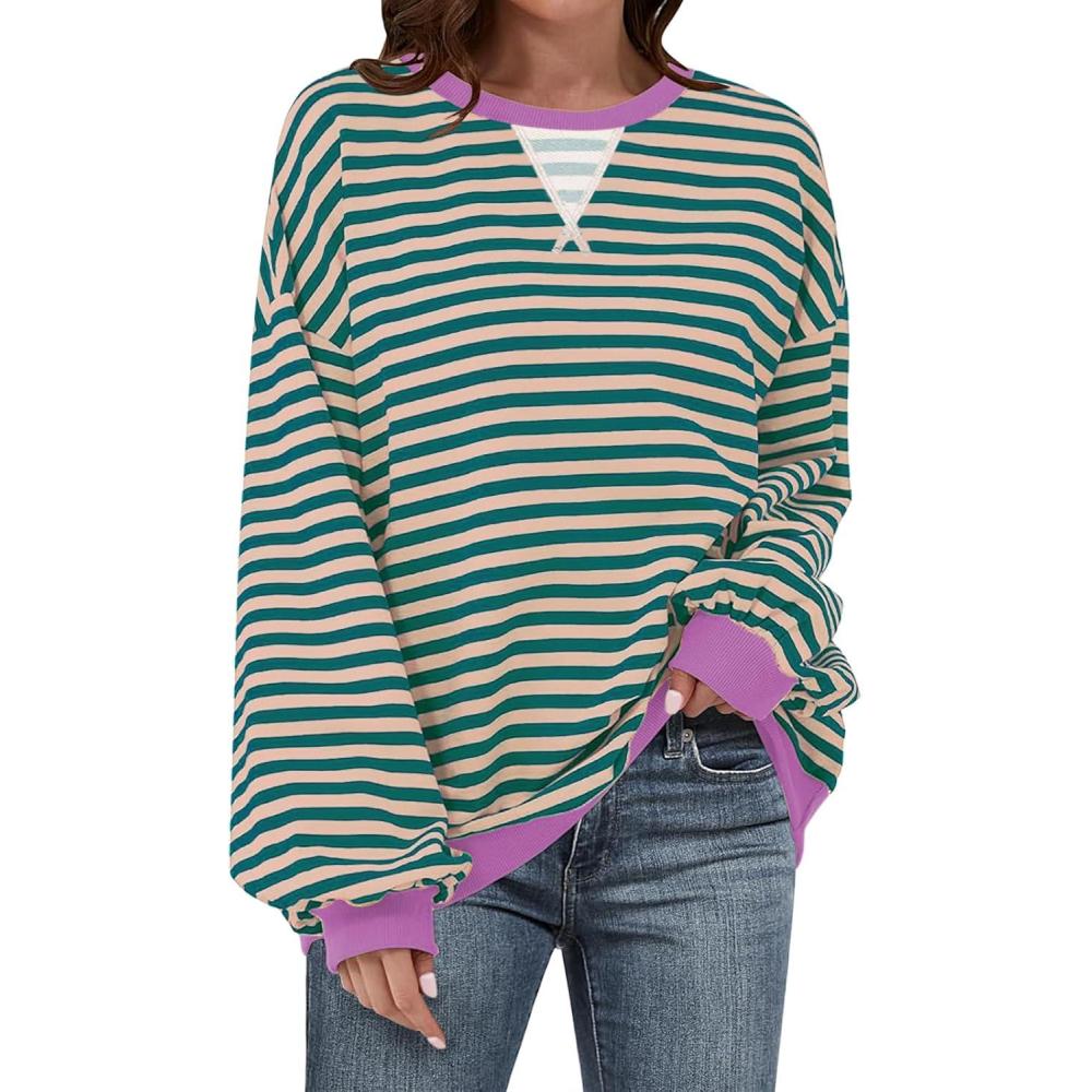 image:imageUEU Women Oversized Striped Crewneck Sweatshirt Long Sleeve Color Block Pullover Tops Casual Loose Workout ShirtMalachite Green Striped