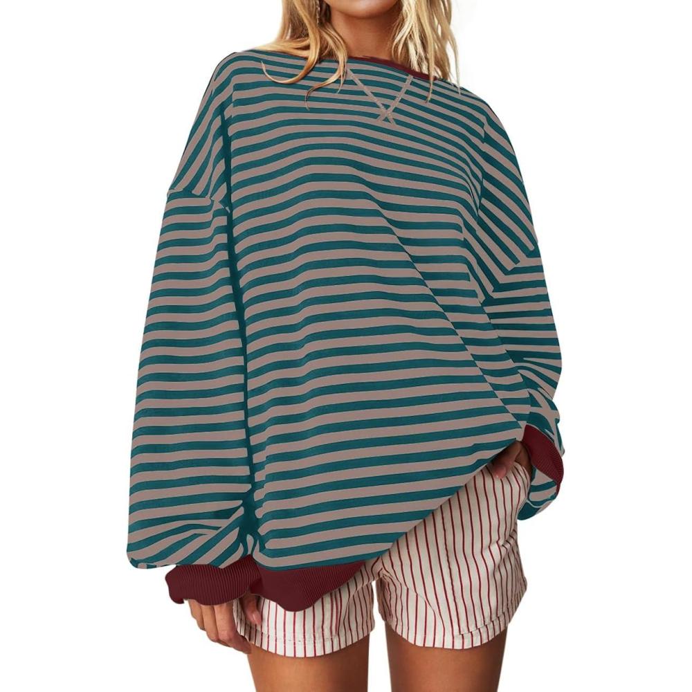 image:imageUEU Women Oversized Striped Crewneck Sweatshirt Long Sleeve Color Block Pullover Tops Casual Loose Workout ShirtMalachitegreen Coffee Striped