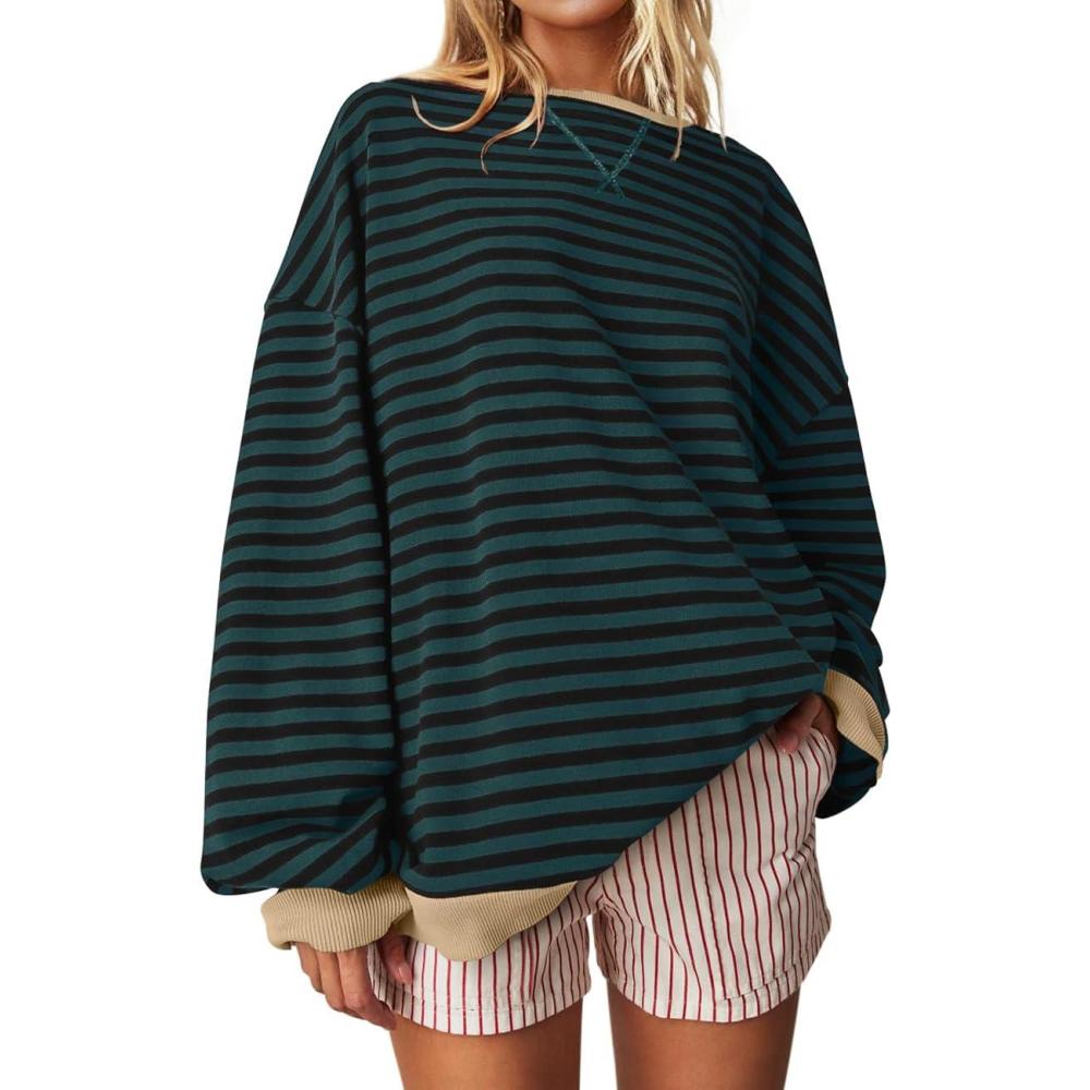 image:imageUEU Women Oversized Striped Crewneck Sweatshirt Long Sleeve Color Block Pullover Tops Casual Loose Workout ShirtMalachitegreenblackstriped