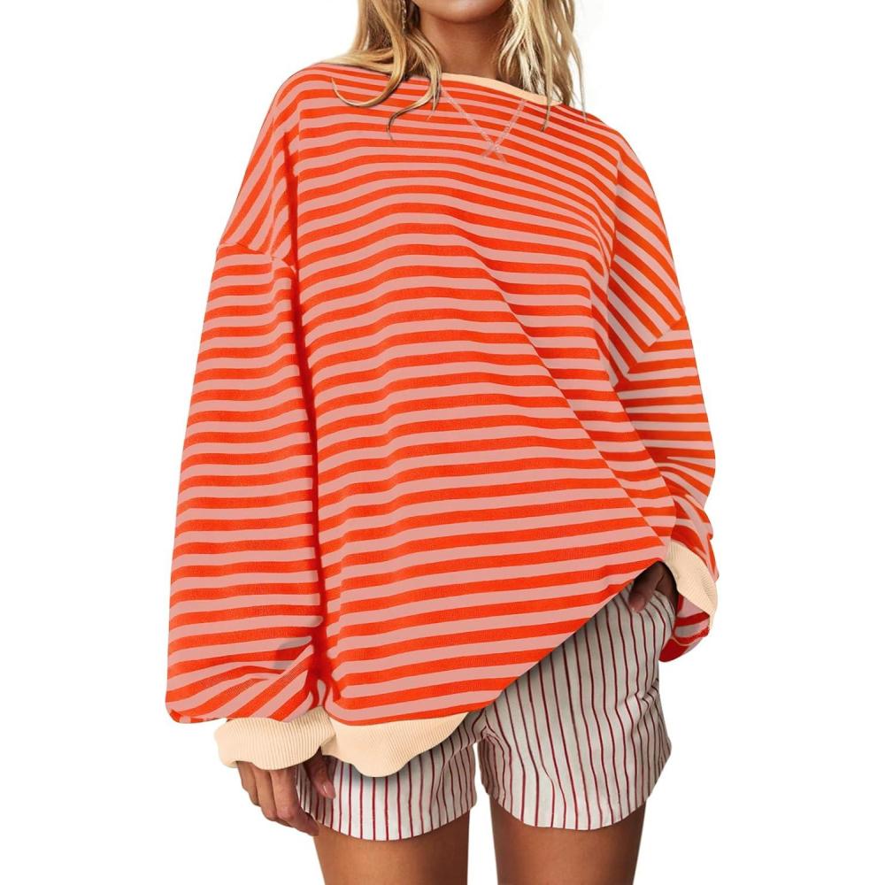 image:imageUEU Women Oversized Striped Crewneck Sweatshirt Long Sleeve Color Block Pullover Tops Casual Loose Workout ShirtOrange Pink Stripe