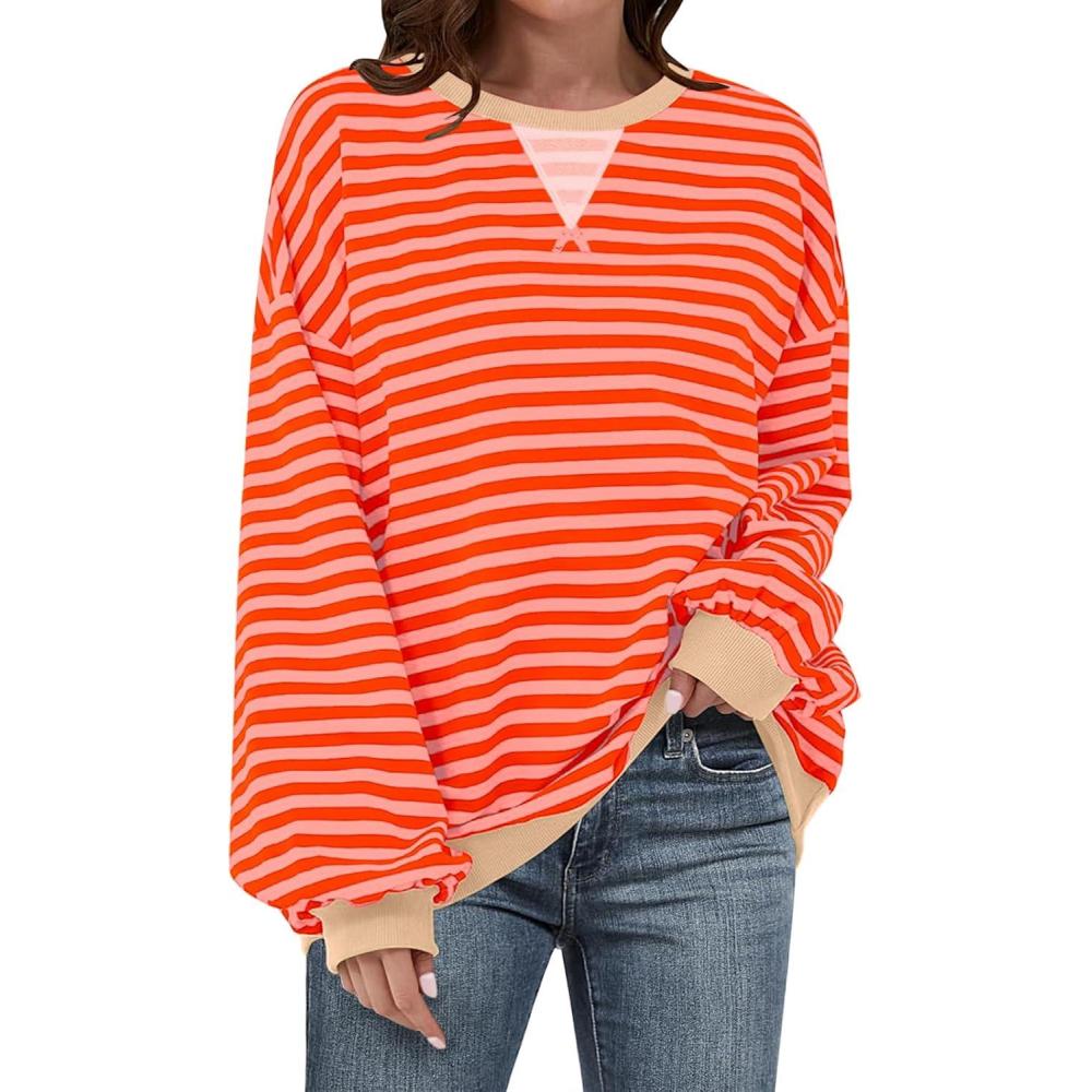 image:imageUEU Women Oversized Striped Crewneck Sweatshirt Long Sleeve Color Block Pullover Tops Casual Loose Workout ShirtOrange Pink Striped