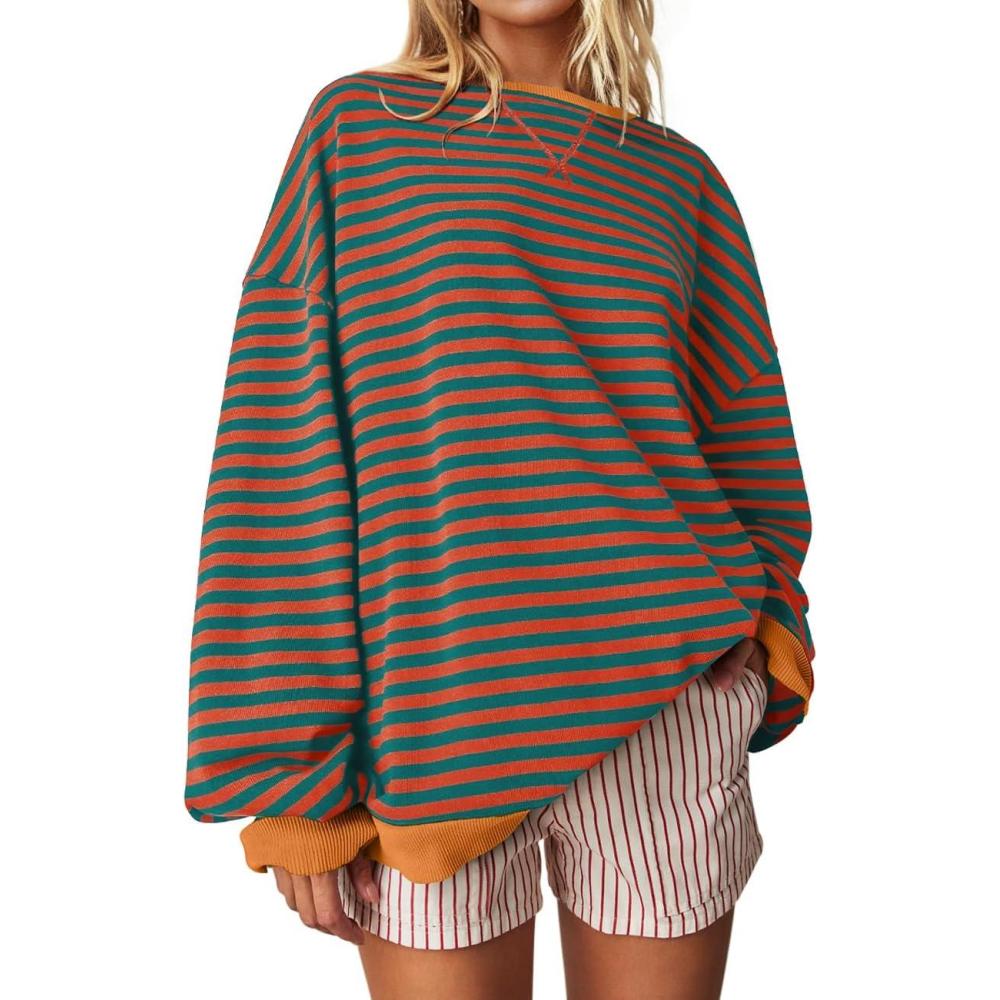 image:imageUEU Women Oversized Striped Crewneck Sweatshirt Long Sleeve Color Block Pullover Tops Casual Loose Workout ShirtOrangegreen Striped