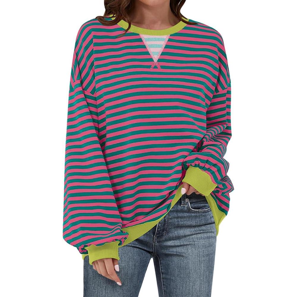 image:imageUEU Women Oversized Striped Crewneck Sweatshirt Long Sleeve Color Block Pullover Tops Casual Loose Workout ShirtPink Green Striped
