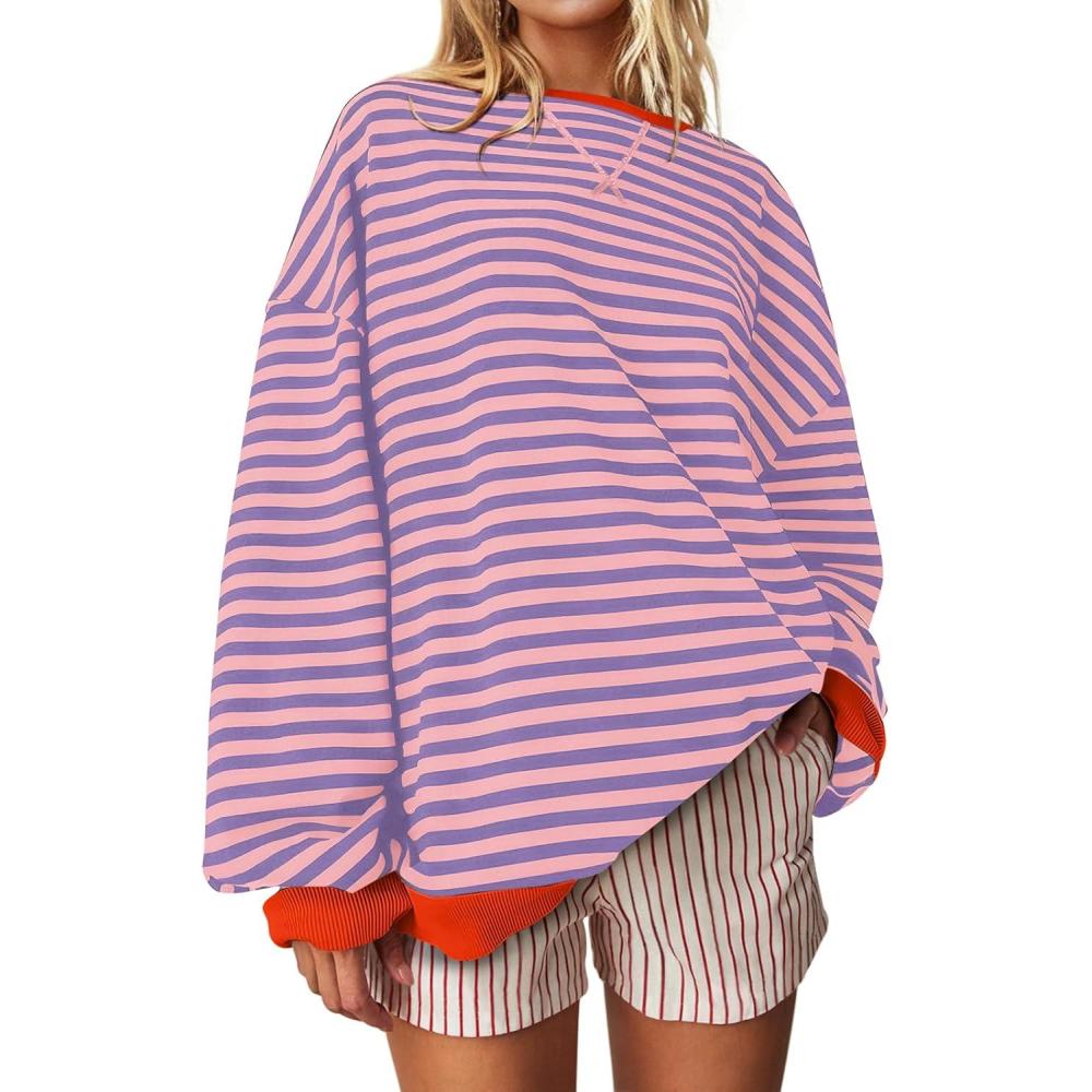image:imageUEU Women Oversized Striped Crewneck Sweatshirt Long Sleeve Color Block Pullover Tops Casual Loose Workout ShirtPink Purple Stripe