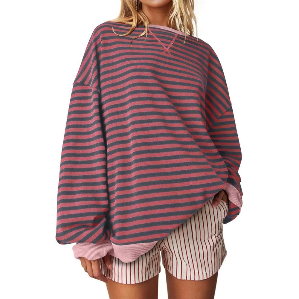 image:imageUEU Women Oversized Striped Crewneck Sweatshirt Long Sleeve Color Block Pullover Tops Casual Loose Workout ShirtRestredgrayt Striped