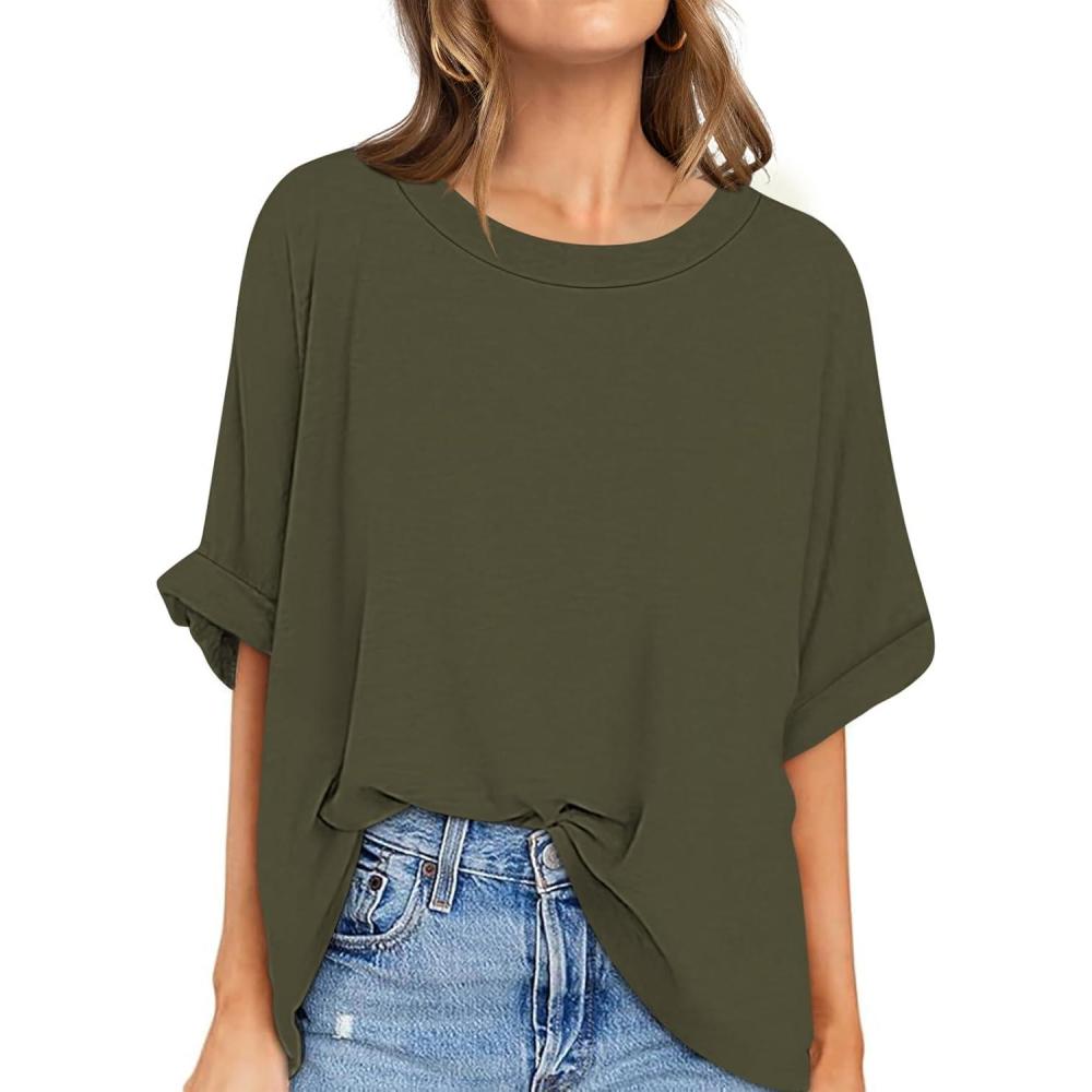 image:imageUEU Women Oversized TShirt Summer Casual Loose Fit Short Sleeve Basic Tops Workout Gym Tee ShirtArmy Green