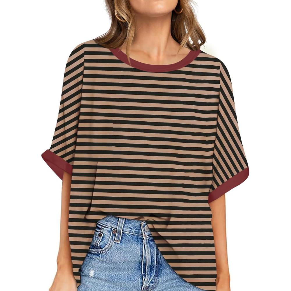 image:imageUEU Women Oversized TShirt Summer Casual Loose Fit Short Sleeve Basic Tops Workout Gym Tee ShirtBlack Coffee Striped