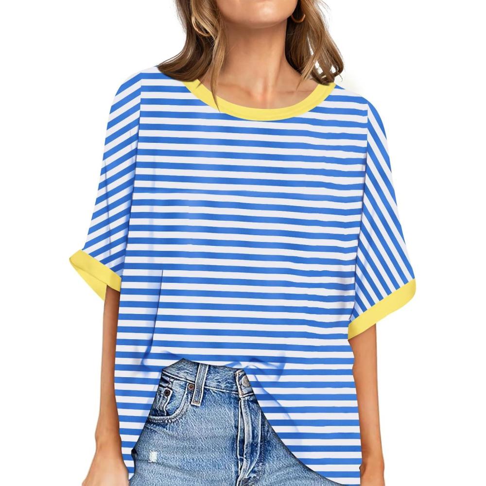image:imageUEU Women Oversized TShirt Summer Casual Loose Fit Short Sleeve Basic Tops Workout Gym Tee ShirtBlue Striped