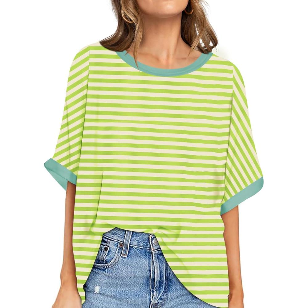 image:imageUEU Women Oversized TShirt Summer Casual Loose Fit Short Sleeve Basic Tops Workout Gym Tee ShirtGreen Apricot Striped