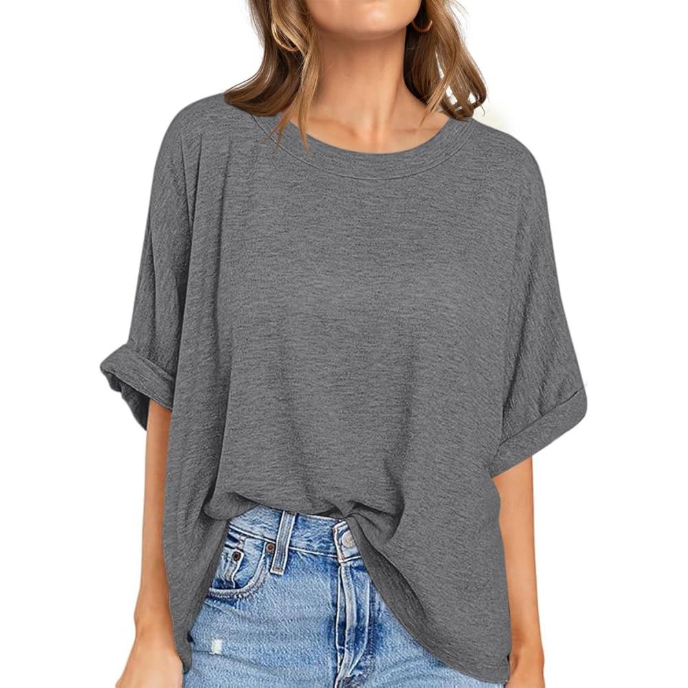 image:imageUEU Women Oversized TShirt Summer Casual Loose Fit Short Sleeve Basic Tops Workout Gym Tee ShirtHeather Gray