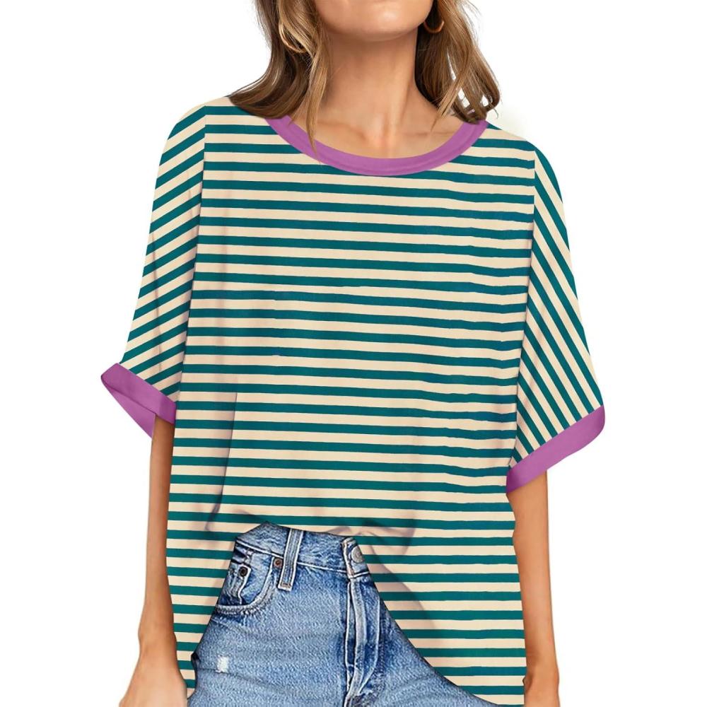 image:imageUEU Women Oversized TShirt Summer Casual Loose Fit Short Sleeve Basic Tops Workout Gym Tee ShirtMalachite Green Striped