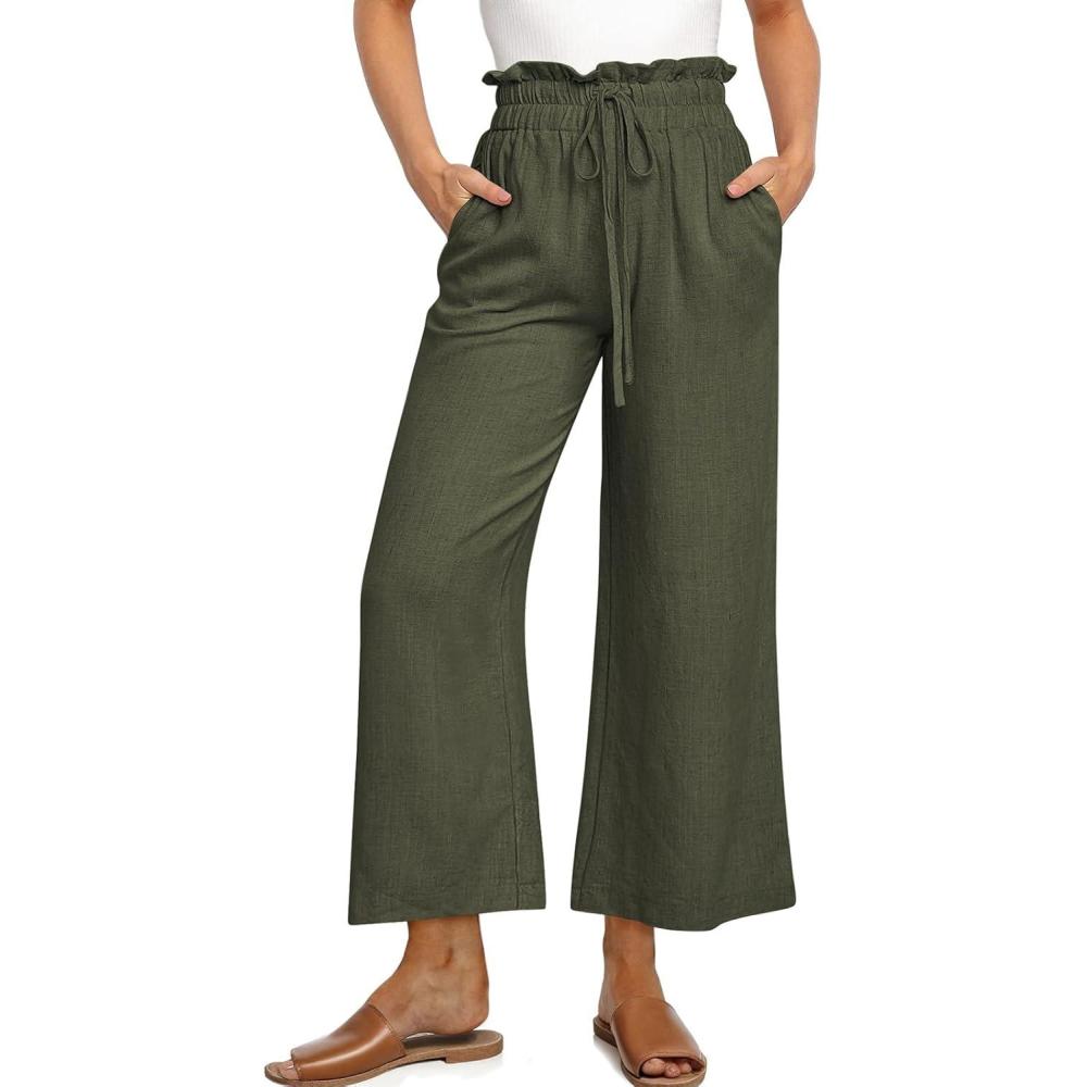 image:imageUEU Womens Linen Capris Wide Leg Ruffle High Waisted Pants Casual Drawstring Summer Loose Capri Pants with PocketsArmy Green