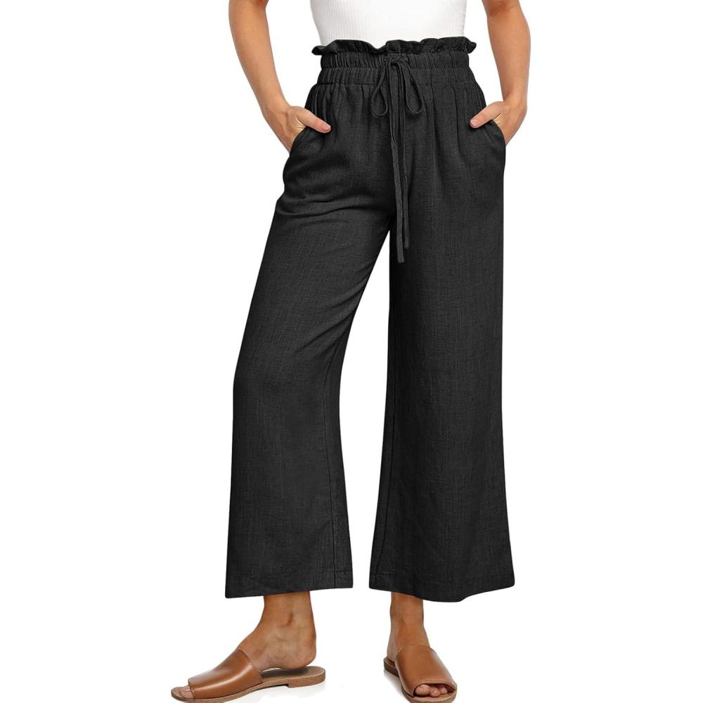 image:imageUEU Womens Linen Capris Wide Leg Ruffle High Waisted Pants Casual Drawstring Summer Loose Capri Pants with PocketsBlack