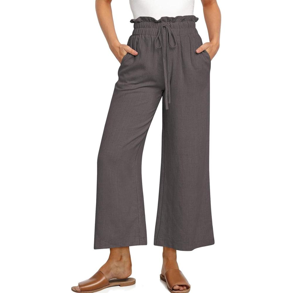 image:imageUEU Womens Linen Capris Wide Leg Ruffle High Waisted Pants Casual Drawstring Summer Loose Capri Pants with PocketsDark Gray