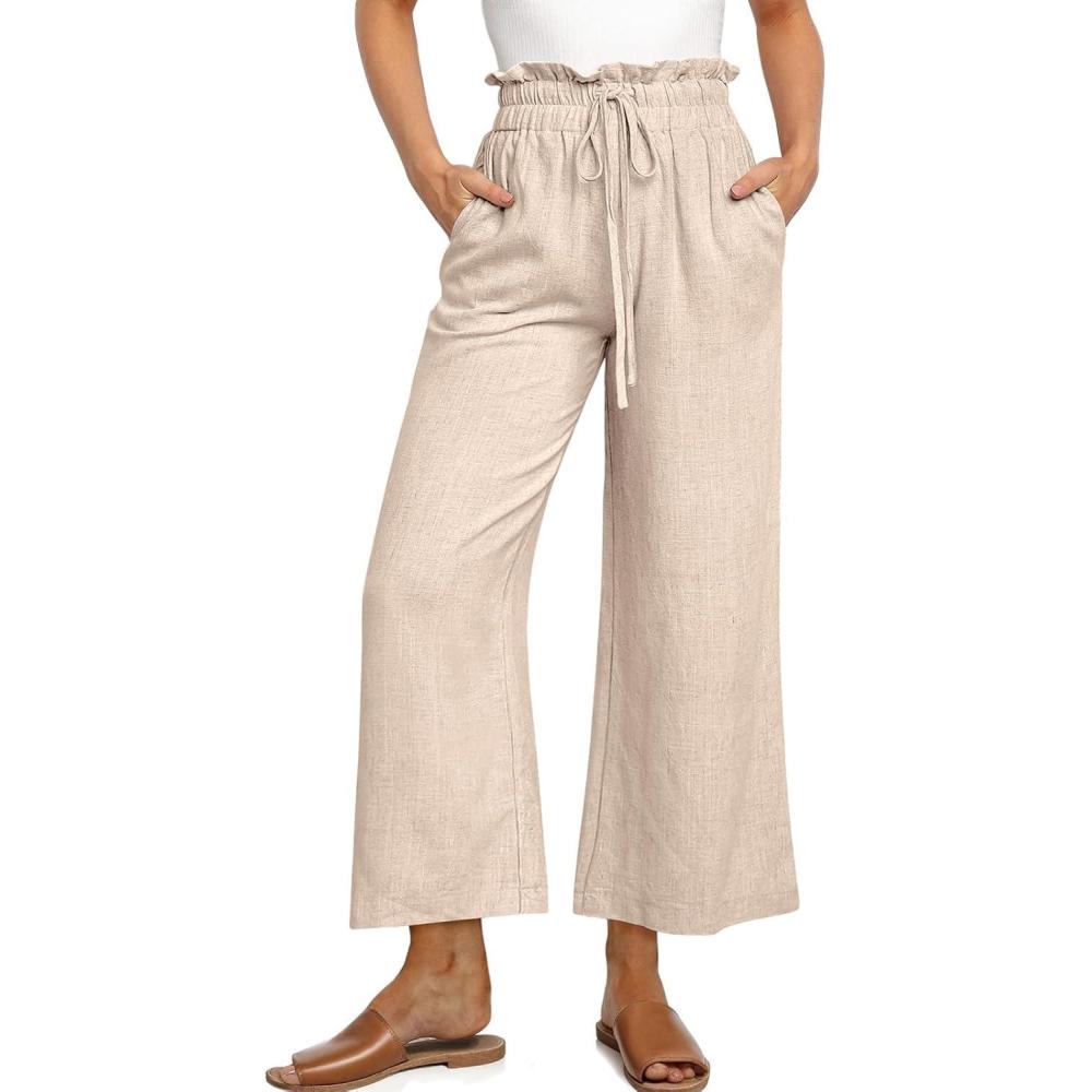 image:imageUEU Womens Linen Capris Wide Leg Ruffle High Waisted Pants Casual Drawstring Summer Loose Capri Pants with PocketsHeather Light Khaki