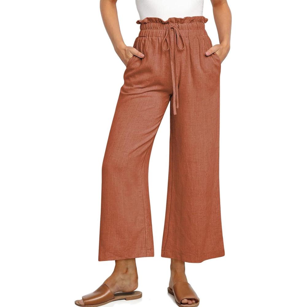 image:imageUEU Womens Linen Capris Wide Leg Ruffle High Waisted Pants Casual Drawstring Summer Loose Capri Pants with PocketsLight Red Brown
