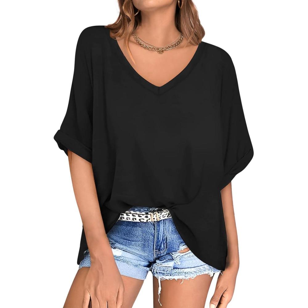 image:imageUEU Womens Oversized TShirts Summer V Neck Casual Shirts Short Sleeve Workout Tunic TopsBlack