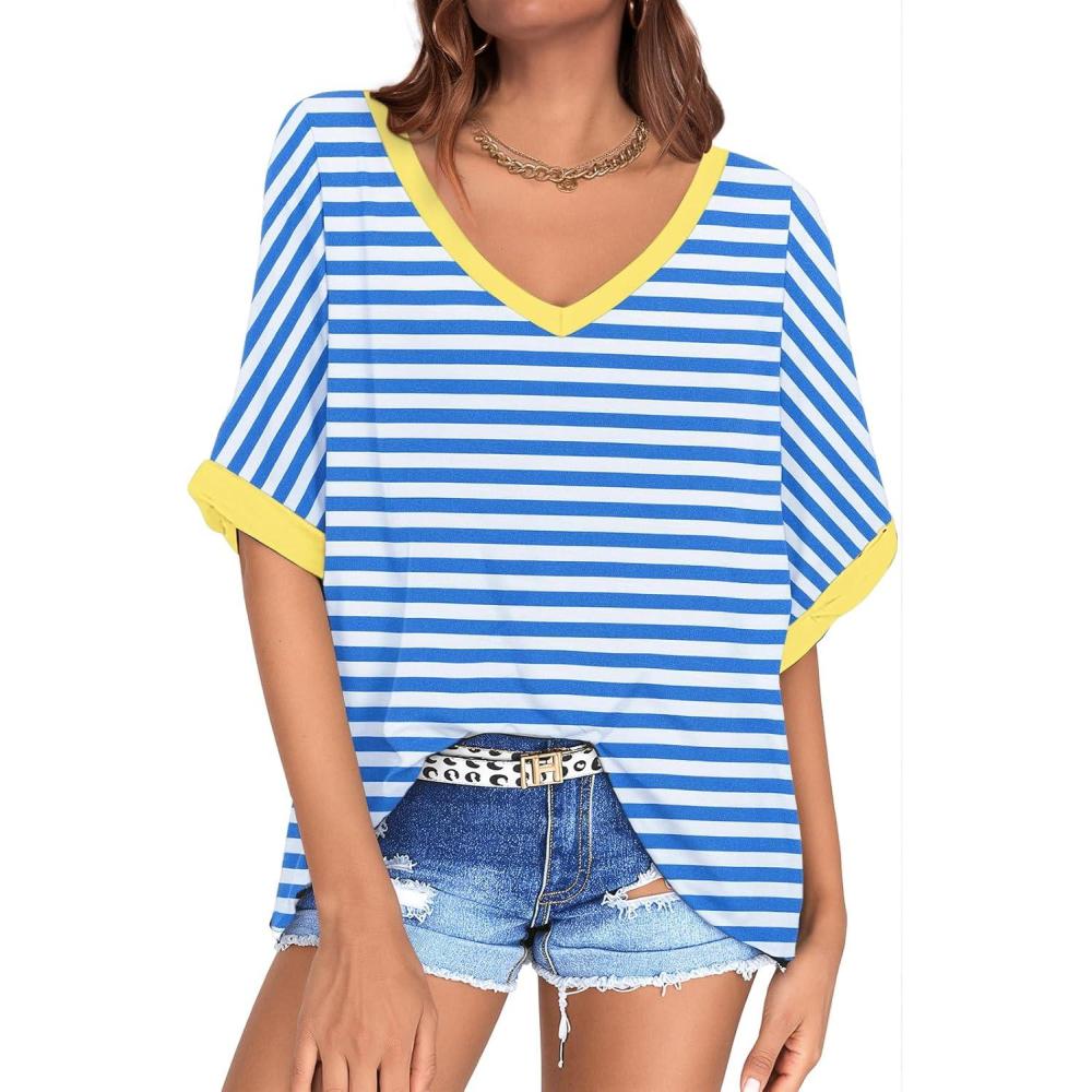 image:imageUEU Womens Oversized TShirts Summer V Neck Casual Shirts Short Sleeve Workout Tunic TopsBlue Striped