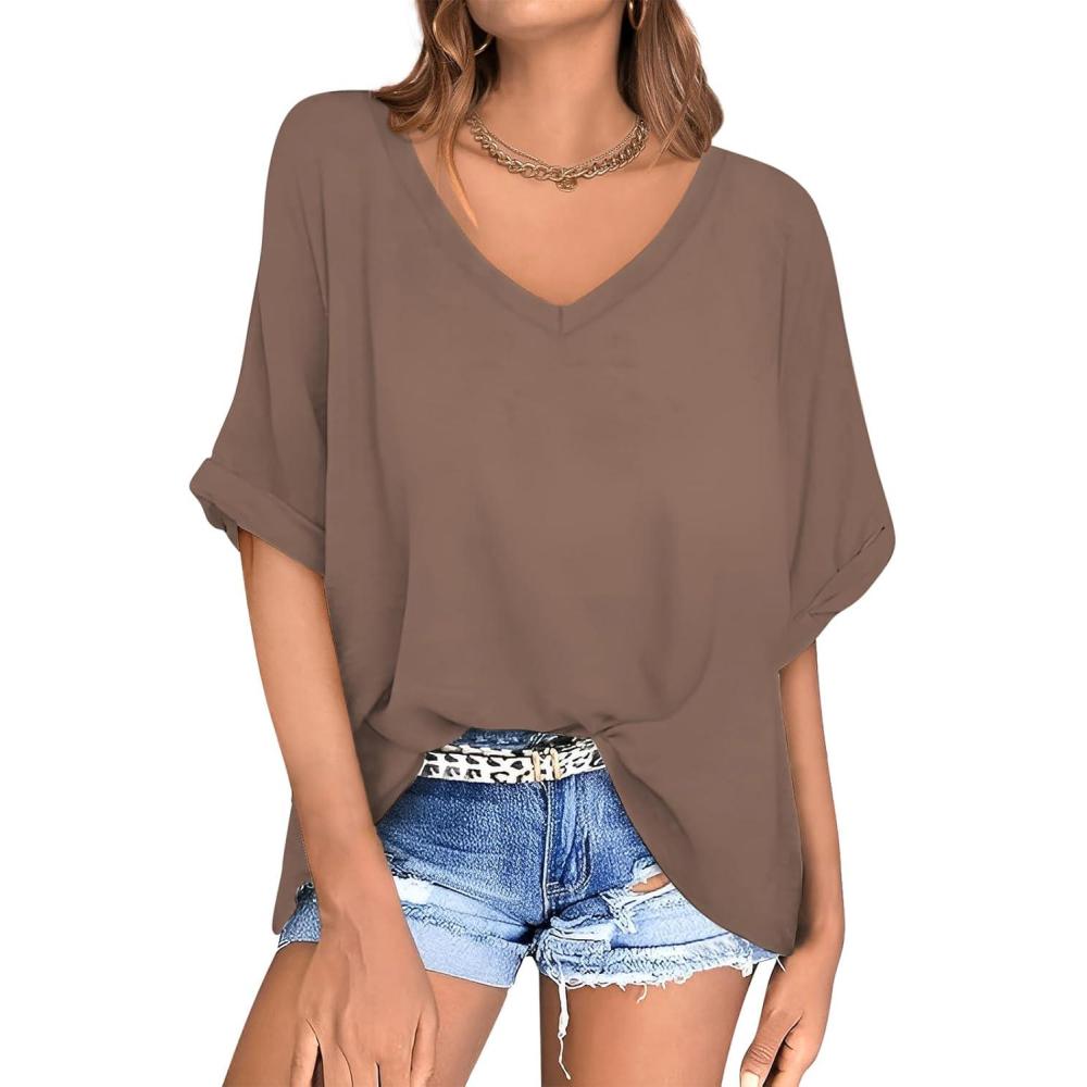 image:imageUEU Womens Oversized TShirts Summer V Neck Casual Shirts Short Sleeve Workout Tunic TopsCoffee