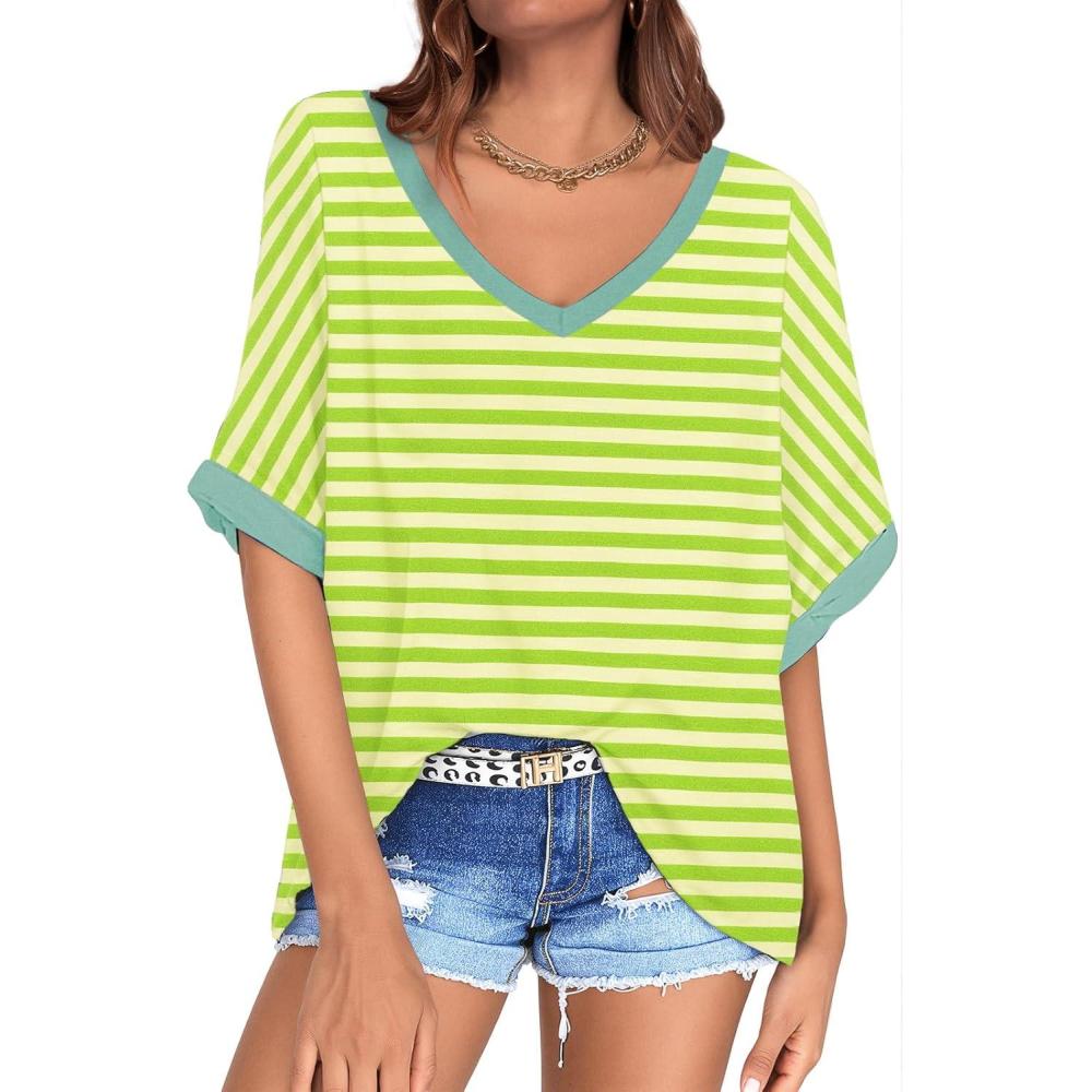 image:imageUEU Womens Oversized TShirts Summer V Neck Casual Shirts Short Sleeve Workout Tunic TopsGreen Apricot Striped