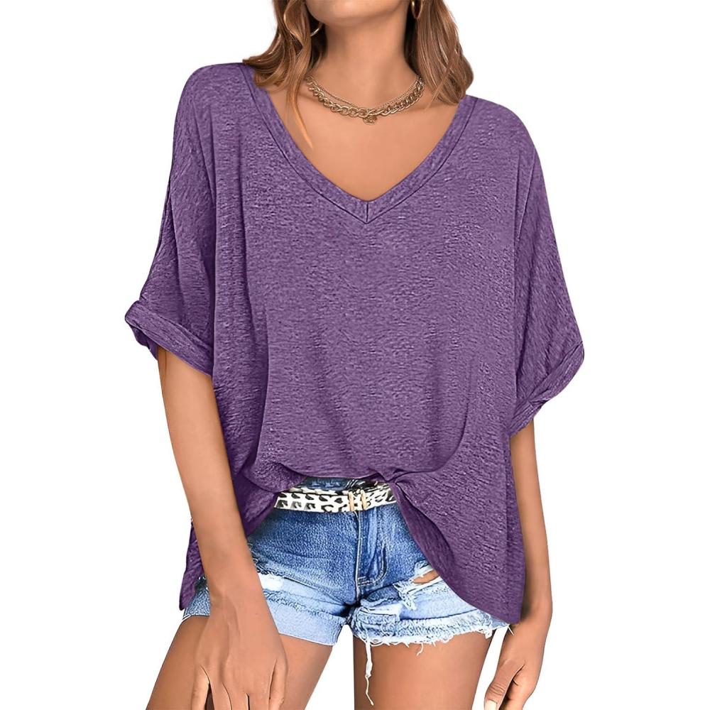 image:imageUEU Womens Oversized TShirts Summer V Neck Casual Shirts Short Sleeve Workout Tunic TopsHeather Purple