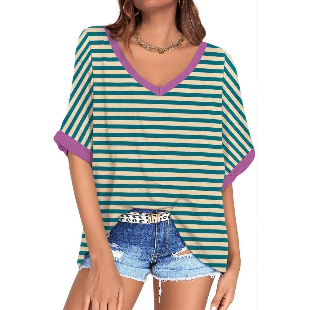 image:imageUEU Womens Oversized TShirts Summer V Neck Casual Shirts Short Sleeve Workout Tunic TopsMalachite Green Striped