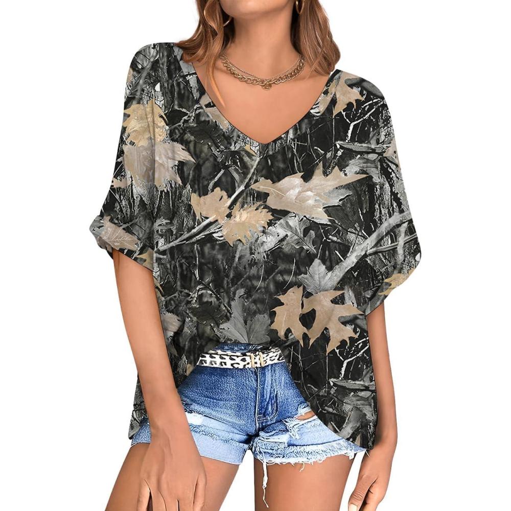 image:imageUEU Womens Oversized TShirts Summer V Neck Casual Shirts Short Sleeve Workout Tunic TopsMapleleaf Black