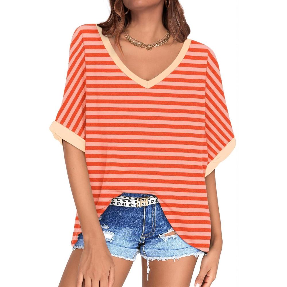 image:imageUEU Womens Oversized TShirts Summer V Neck Casual Shirts Short Sleeve Workout Tunic TopsOrange Pink Striped