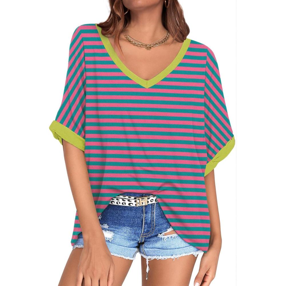 image:imageUEU Womens Oversized TShirts Summer V Neck Casual Shirts Short Sleeve Workout Tunic TopsPink Green Striped