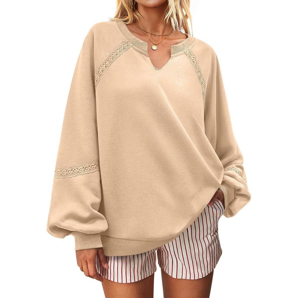 image:imageUEU Womens V Neck Crochet Sweatshirt Long Sleeve Oversized Pullover Loose Fit Casual Knit Tops Lightweight Sweater ShirtApricot