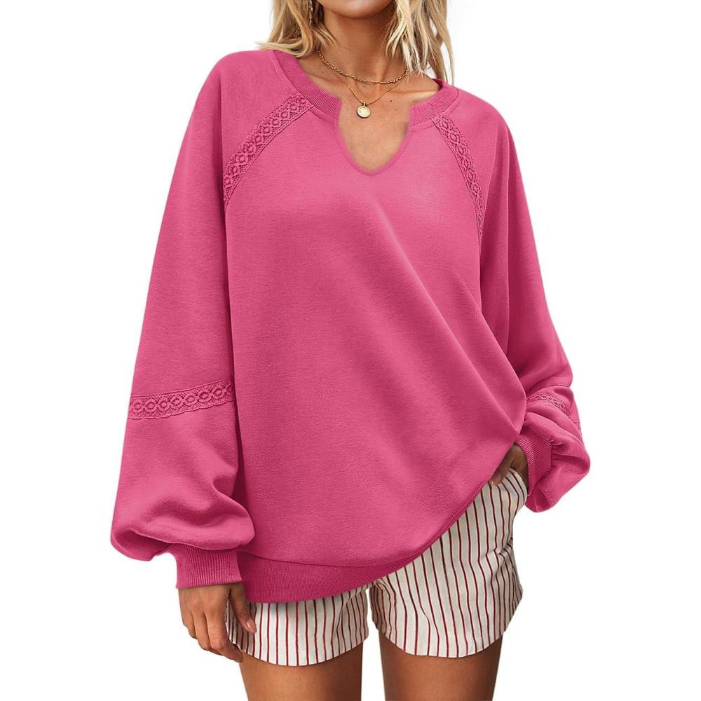 image:imageUEU Womens V Neck Crochet Sweatshirt Long Sleeve Oversized Pullover Loose Fit Casual Knit Tops Lightweight Sweater ShirtHotpink