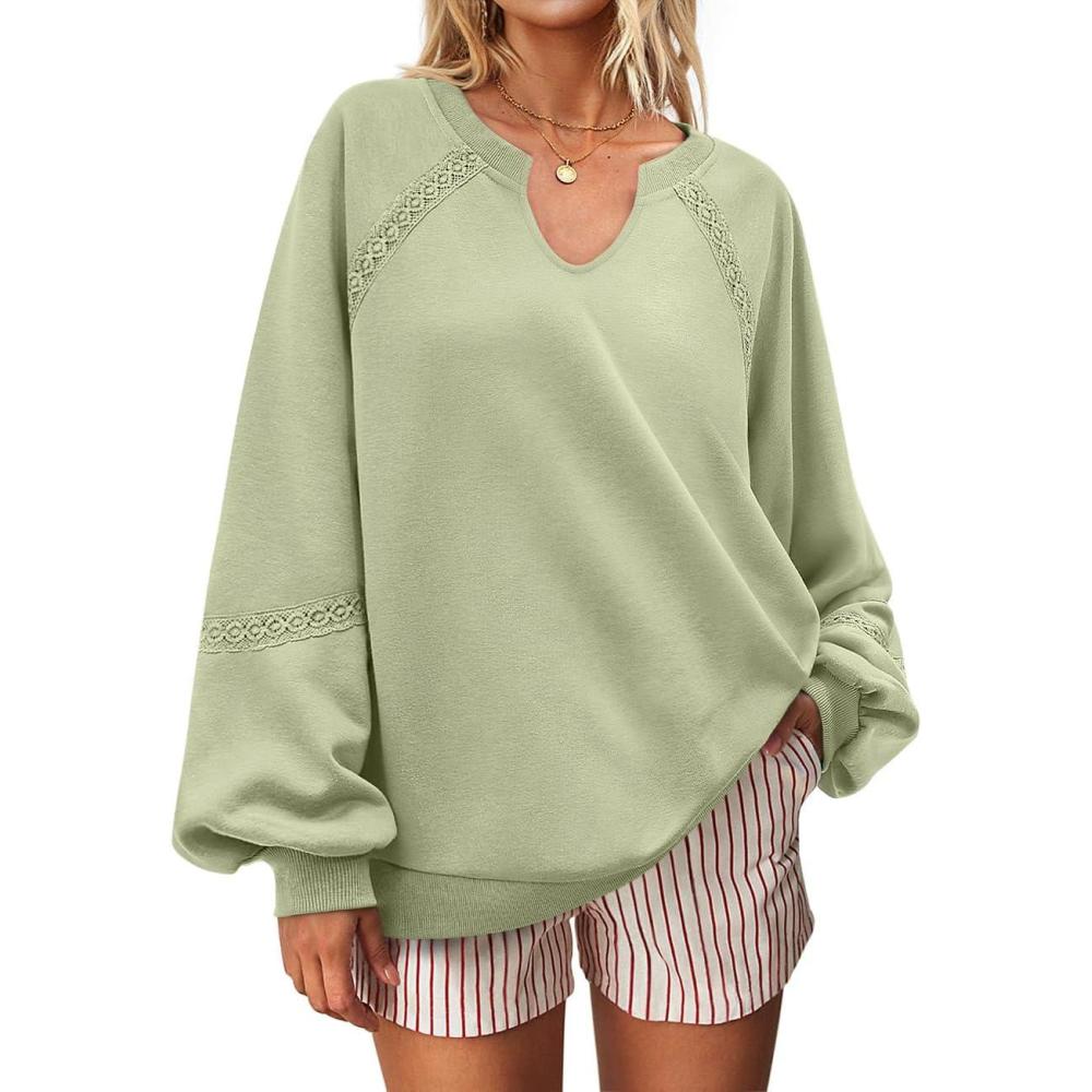 image:imageUEU Womens V Neck Crochet Sweatshirt Long Sleeve Oversized Pullover Loose Fit Casual Knit Tops Lightweight Sweater ShirtLight Khaki Green