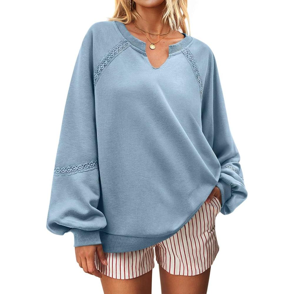 image:imageUEU Womens V Neck Crochet Sweatshirt Long Sleeve Oversized Pullover Loose Fit Casual Knit Tops Lightweight Sweater ShirtLightgray Blue
