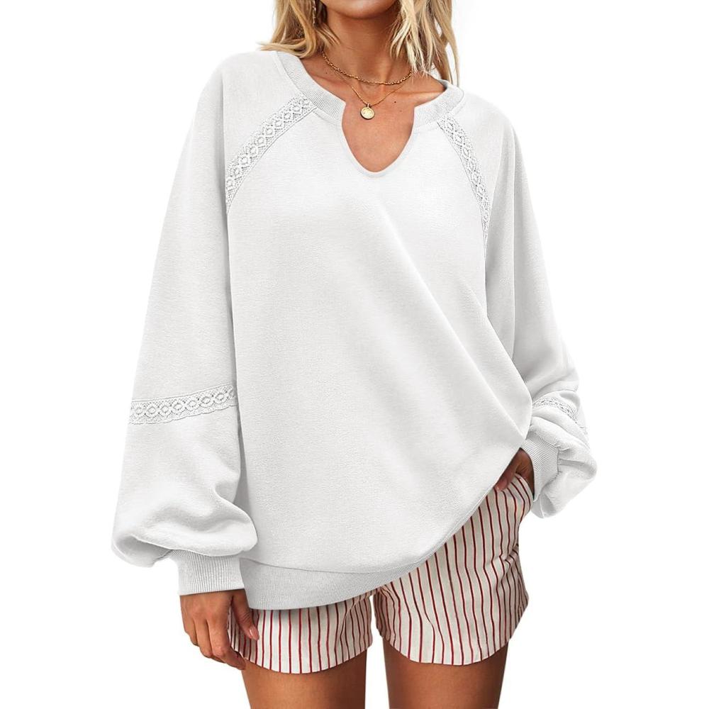 image:imageUEU Womens V Neck Crochet Sweatshirt Long Sleeve Oversized Pullover Loose Fit Casual Knit Tops Lightweight Sweater ShirtWhite