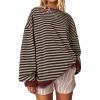 image:imageUEU Women Oversized Striped Crewneck Sweatshirt Long Sleeve Color Block Pullover Tops Casual Loose Workout ShirtBlack Coffee Stripe