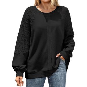 UEU Women Oversized Crochet Sleeve Sweatshirt Casual Loose Pullover Long Sleeve Lightweight Knit Top(Black)