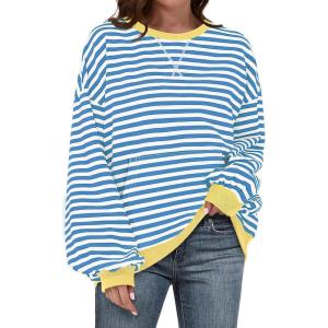 UEU Women Oversized Striped Crewneck Sweatshirt Long Sleeve Color Block Pullover Tops Casual Loose Workout Clothes(Blue Striped)