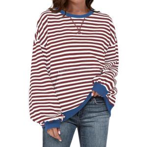UEU Women Oversized Striped Crewneck Sweatshirt Long Sleeve Color Block Pullover Tops Casual Loose Workout Clothes(Coffee Striped)
